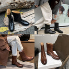 Full-height inside and outside leather 2024 winter thick low-heeled round head washed cowhide zipper-free middle boots for lazy people