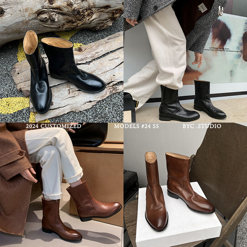 Full-height inside and outside leather 2024 winter thick low-heeled round head washed cowhide zipper-free middle boots for lazy people