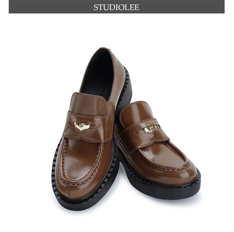 Grape Mom's Same Style Height-Increasing 5cm~ Chunky Heel Small Coin Loafers Women's Leather Shoes