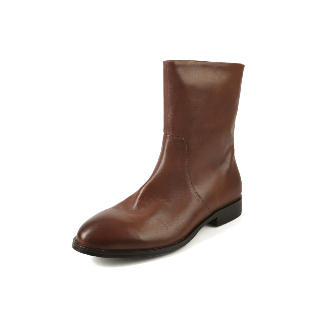 Full-height inside and outside leather 2024 winter thick low-heeled round head washed cowhide zipper-free middle boots for lazy people