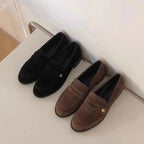 In stock and fast delivery! Retro British style suede versatile small gold buckle loafers women's chunky heel round toe slip-on shoes