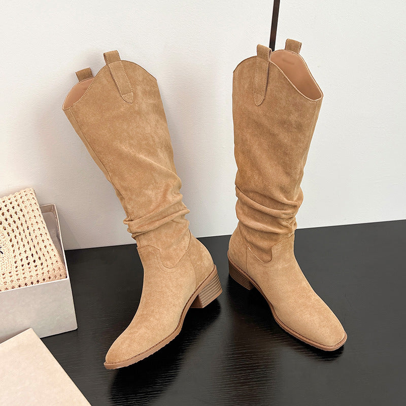Women's Boots 2025 Autumn and Winter New Mid-Calf Long Boots with Chunky Heels, V-Cut Martin Boots with Hidden Internal Height Increase, Stacked Knight Boots