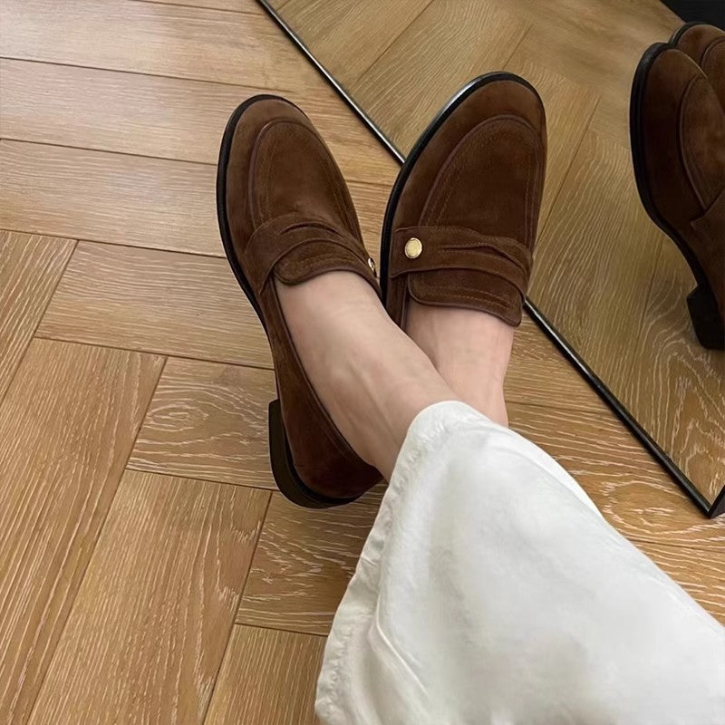 In stock and fast delivery! Retro British style suede versatile small gold buckle loafers women's chunky heel round toe slip-on shoes