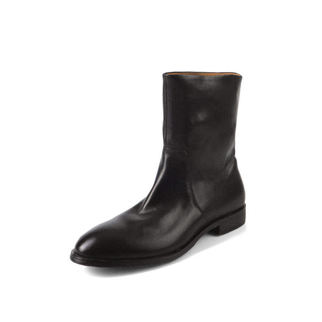 Full-height inside and outside leather 2024 winter thick low-heeled round head washed cowhide zipper-free middle boots for lazy people