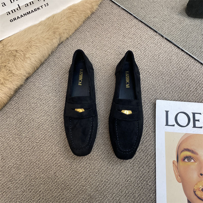 2026 Spring Collection Women's Flat Loafers with Small Coin Design, Fashionable and Comfortable Brown British Style Suede Shoes