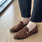 In stock and fast delivery! Retro British style suede versatile small gold buckle loafers women's chunky heel round toe slip-on shoes
