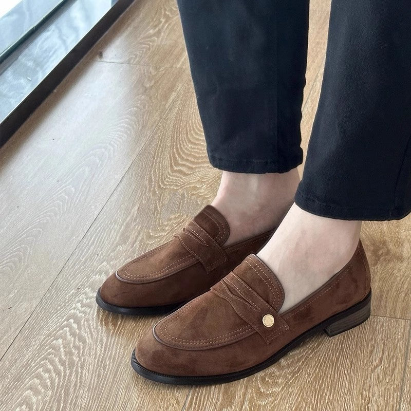 In stock and fast delivery! Retro British style suede versatile small gold buckle loafers women's chunky heel round toe slip-on shoes