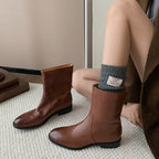 Full-height inside and outside leather 2024 winter thick low-heeled round head washed cowhide zipper-free middle boots for lazy people