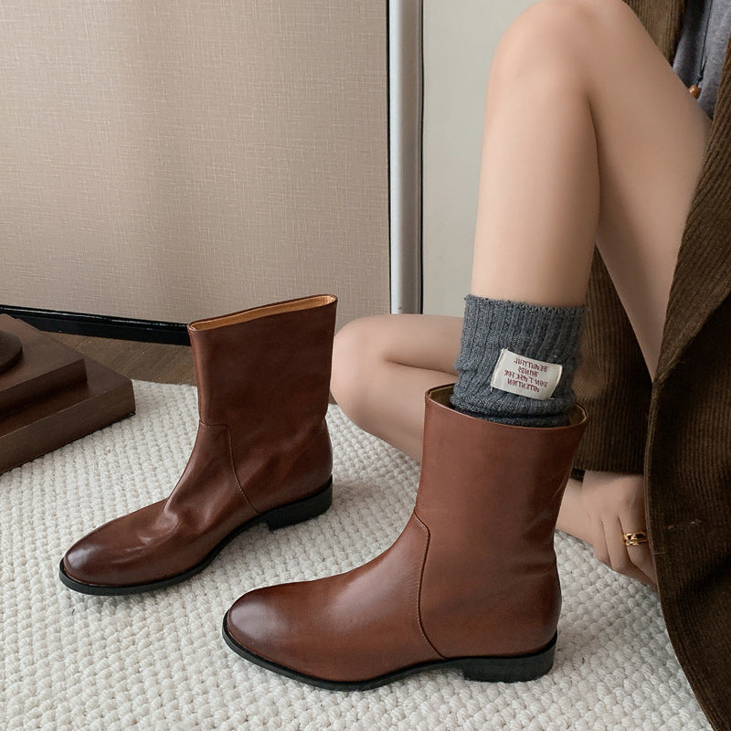 Full-height inside and outside leather 2024 winter thick low-heeled round head washed cowhide zipper-free middle boots for lazy people